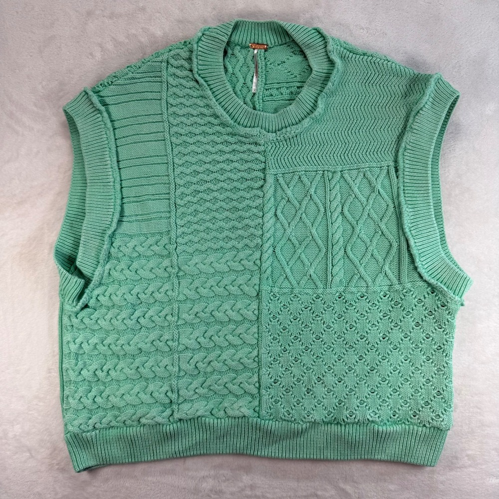 Free People Knit‎ Vest Sleeveless Sweater Cotton Blend Patchwork Green Size L